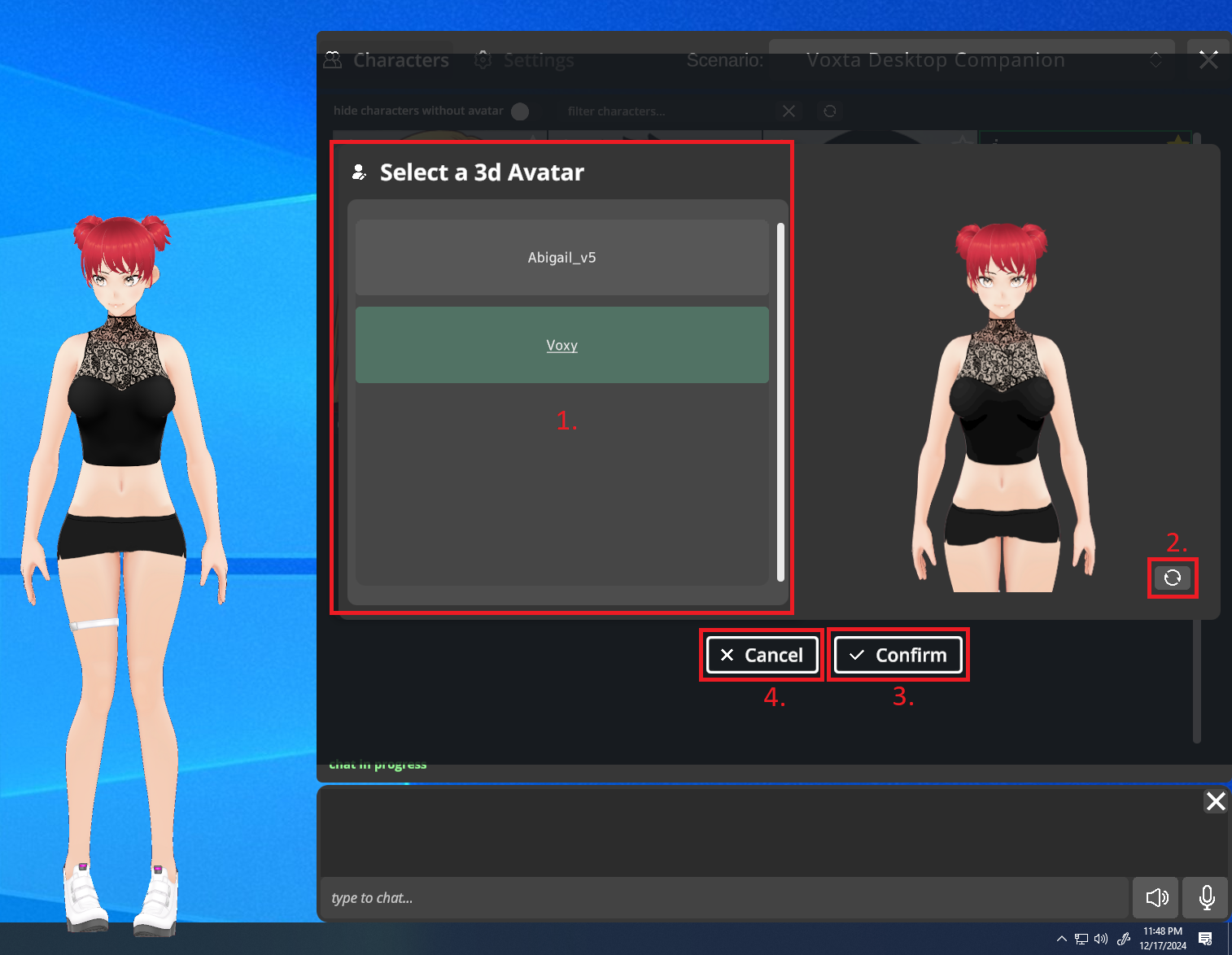 Avatar selection: preview, rotate, confirm