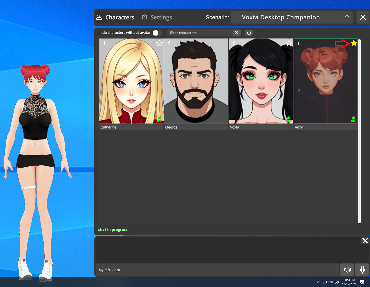The star marks the default character that loads on Voxy startup