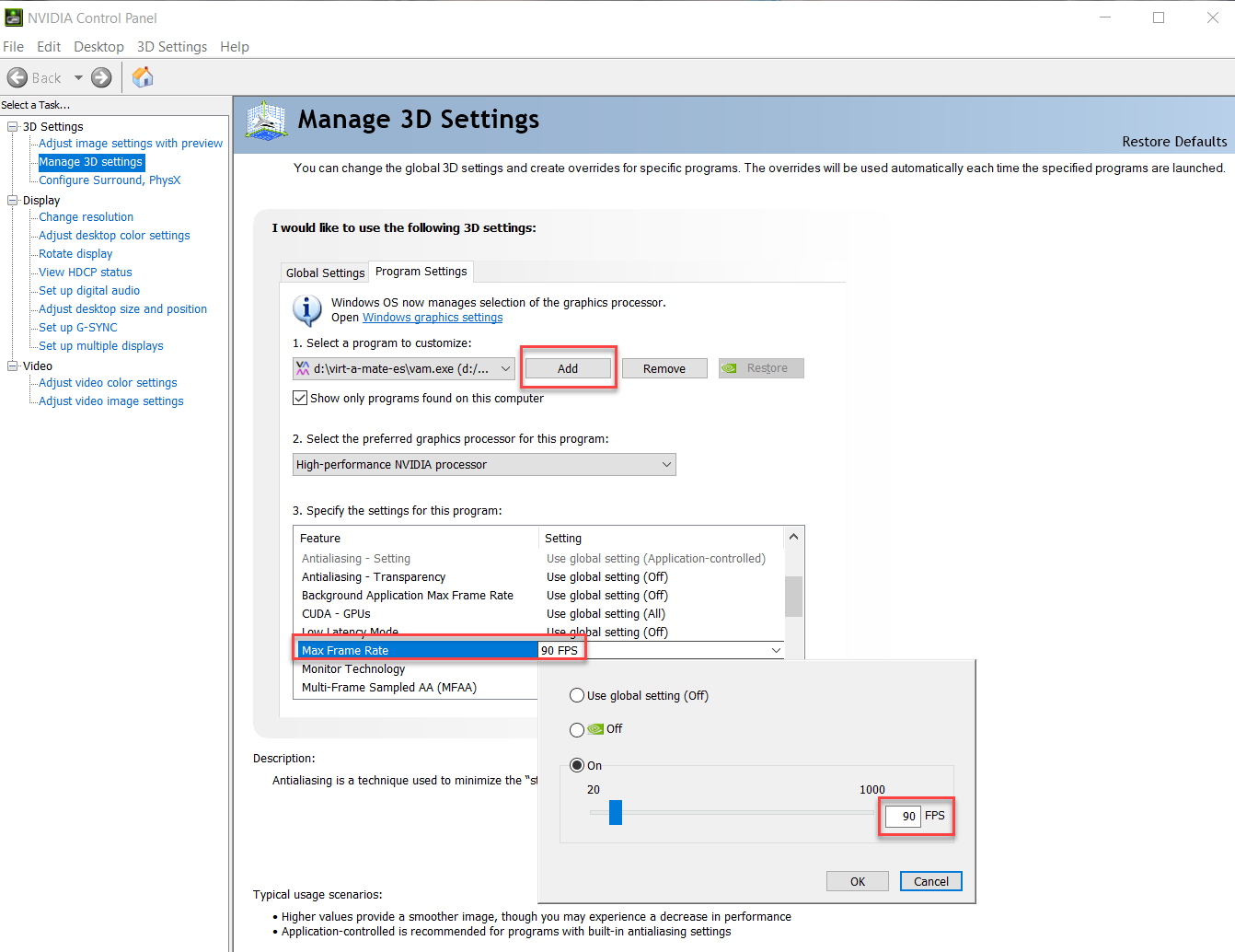 NVIDIA Control Panel — Max Frame Rate setting
