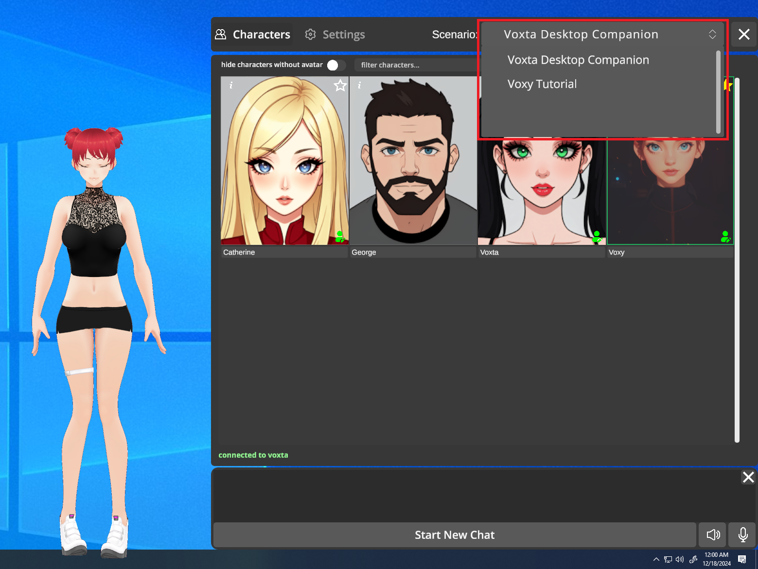 The scenario dropdown — only selectable when no chat is active