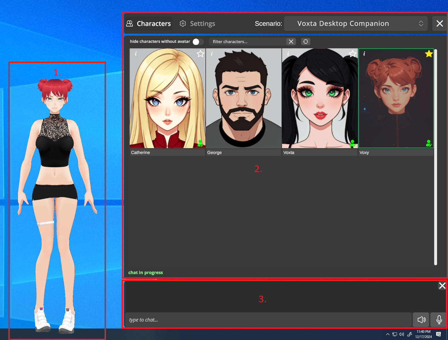 The three panels: avatar in the middle, character list on the left, chat on the right
