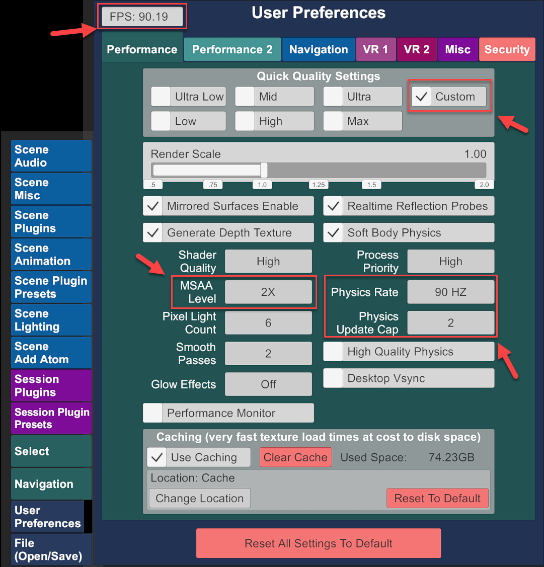 VAM performance settings panel
